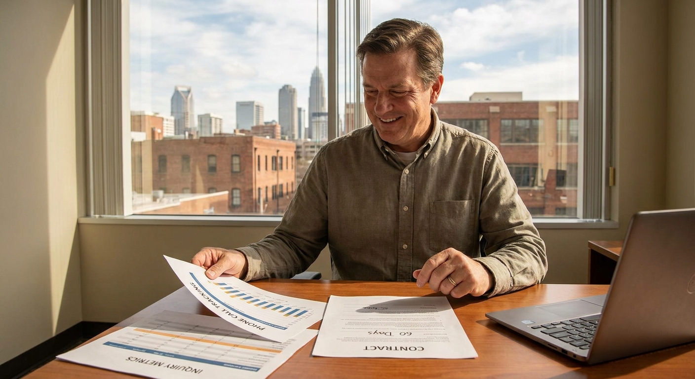 Small business owner in Charlotte reviewing short-term marketing contract and analytics reports at their desk