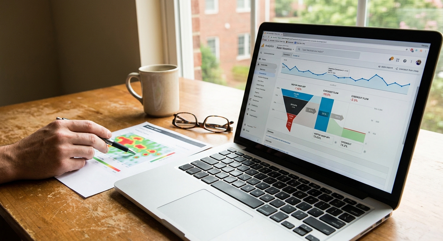 Analytics dashboard showing website conversion funnel with heatmap report on desk, illustrating conversion rate optimization analysis