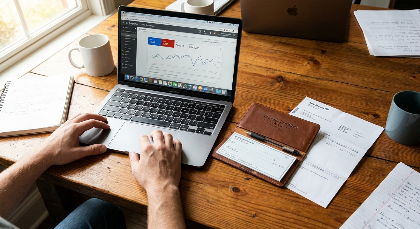 Business owner reviewing Google Ads spending against checkbook and bank statements on office desk