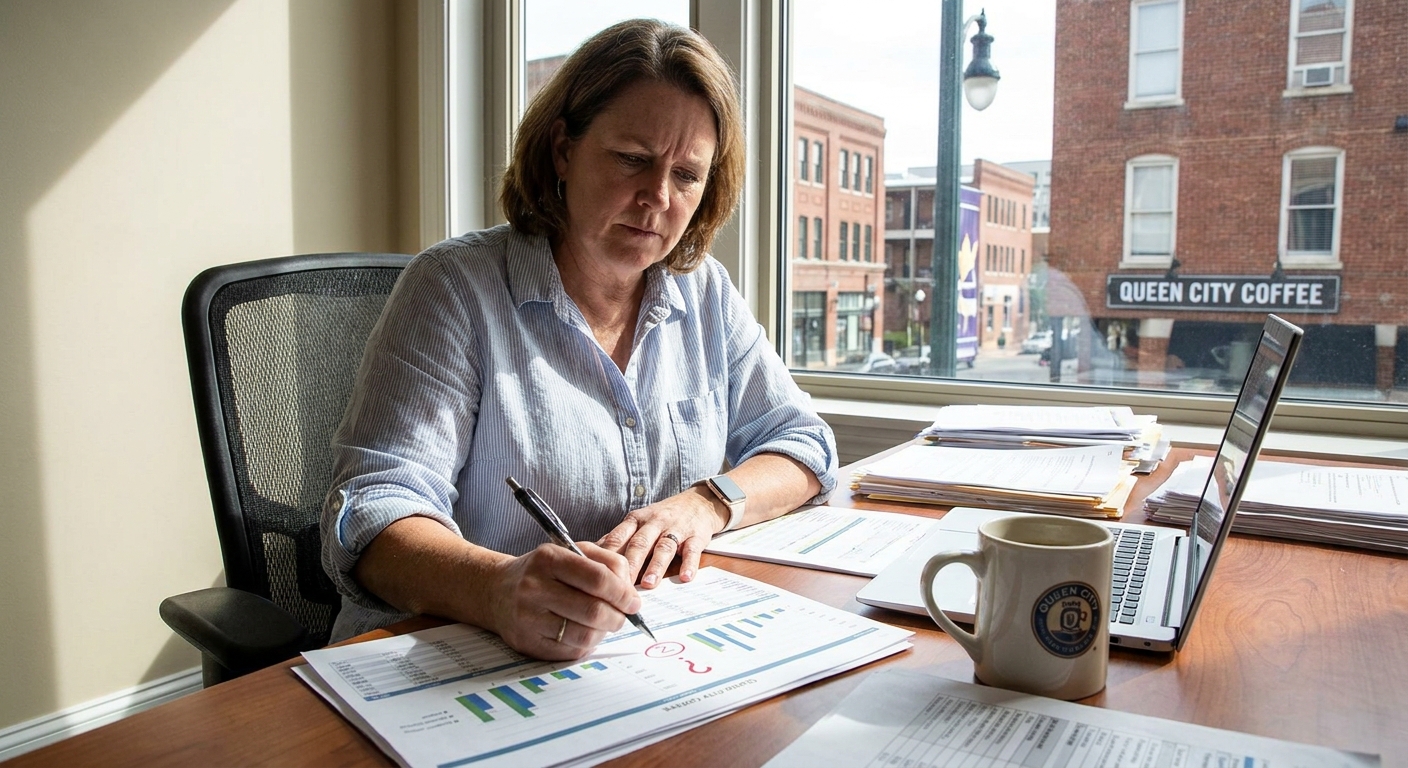 Business owner reviewing marketing performance reports and analytics at desk