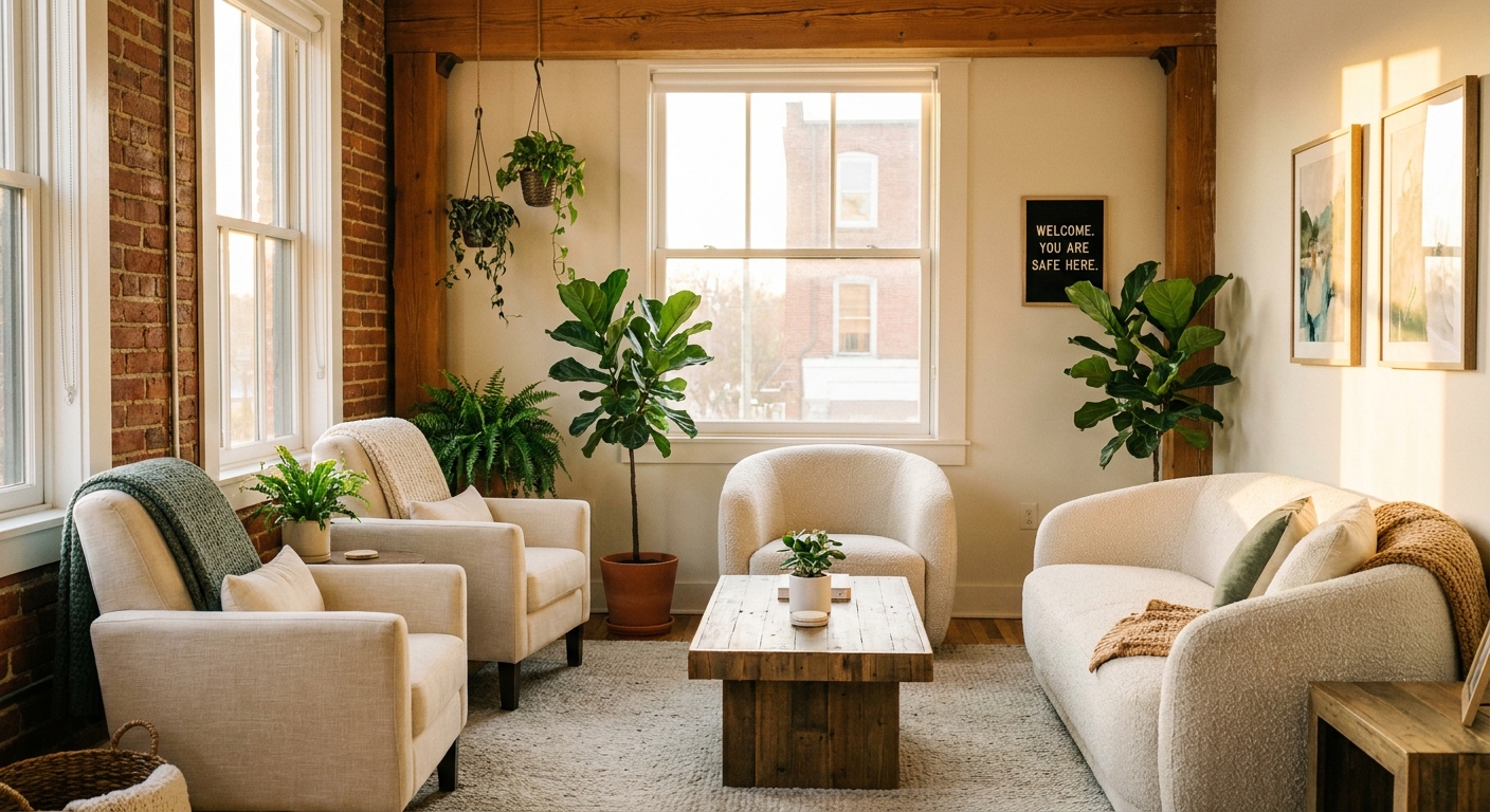 Professional mental health therapy office waiting room in Charlotte with comfortable seating and natural light