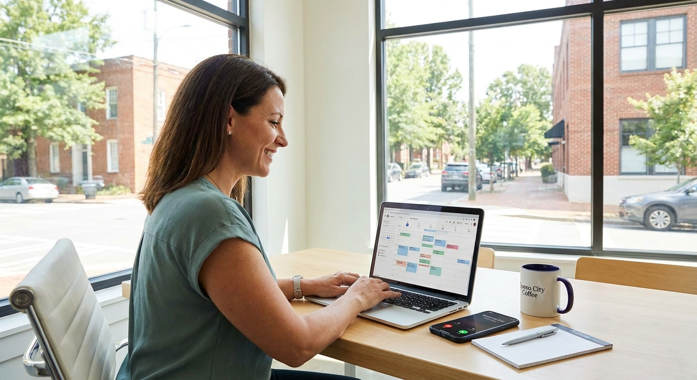 Small business owner reviewing appointment calendar with incoming calls, representing steady lead flow from done-for-you marketing services