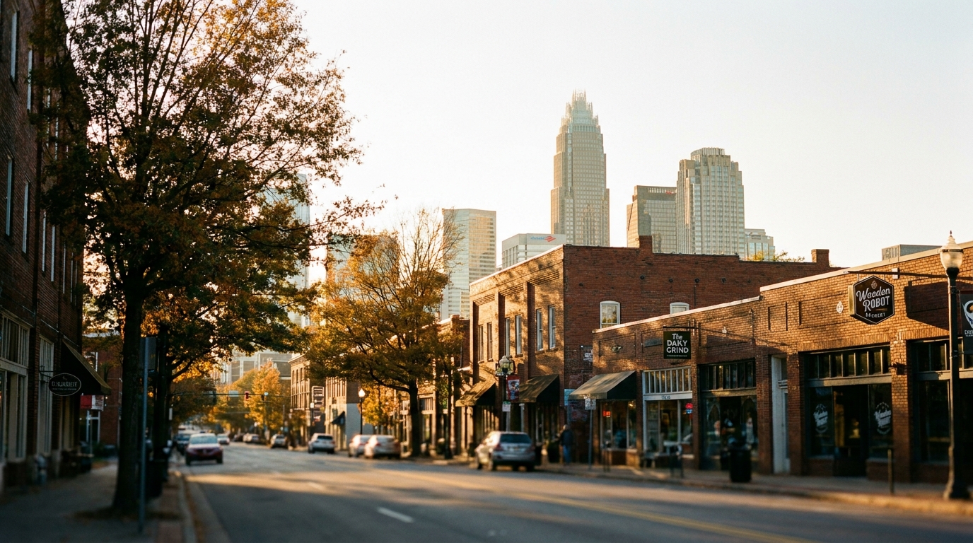 Charlotte NC skyline showing downtown business district and local neighborhoods at sunset