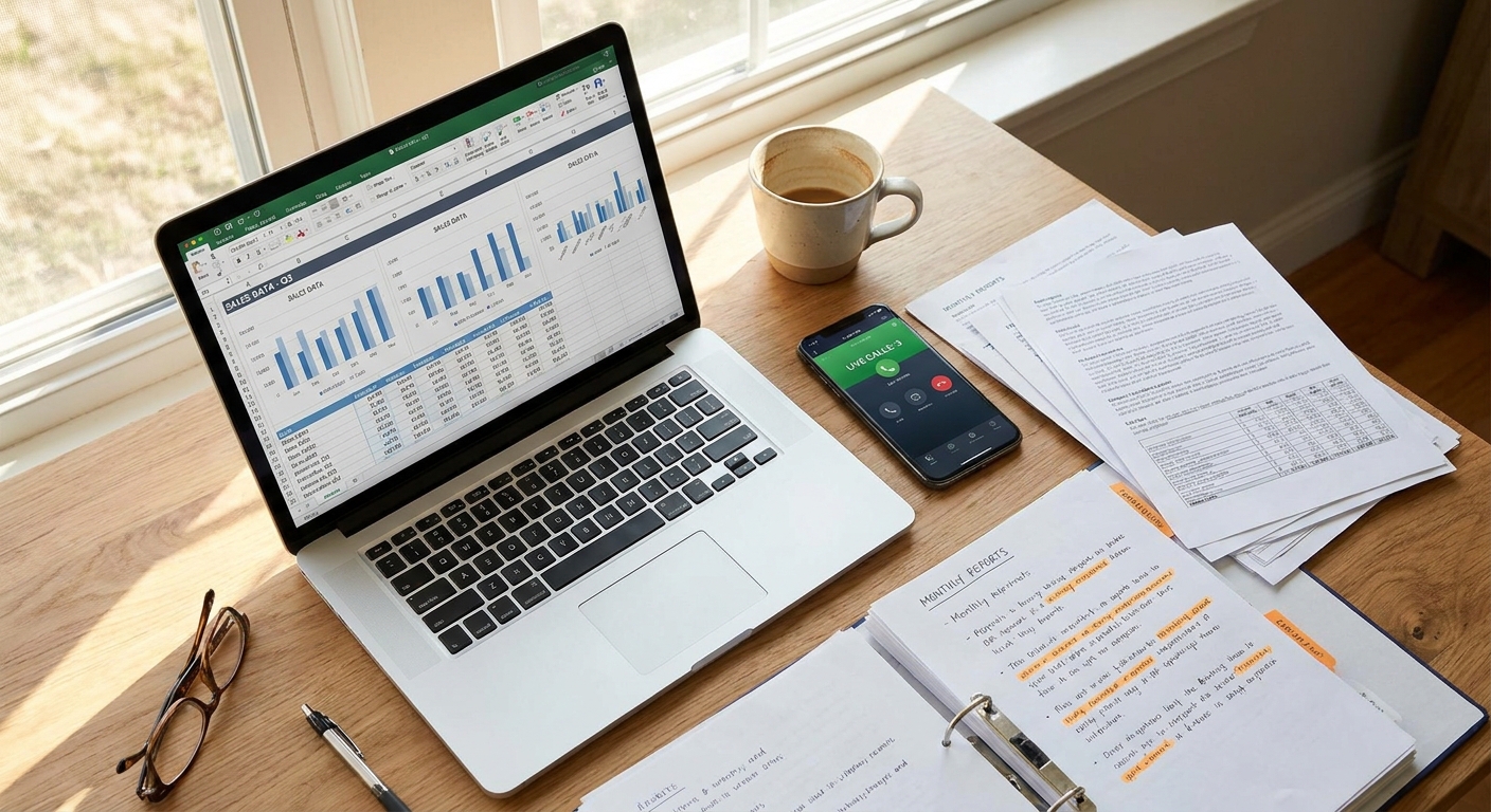 Business owner reviewing marketing analytics reports and live data dashboards on laptop with notes and coffee at wooden desk