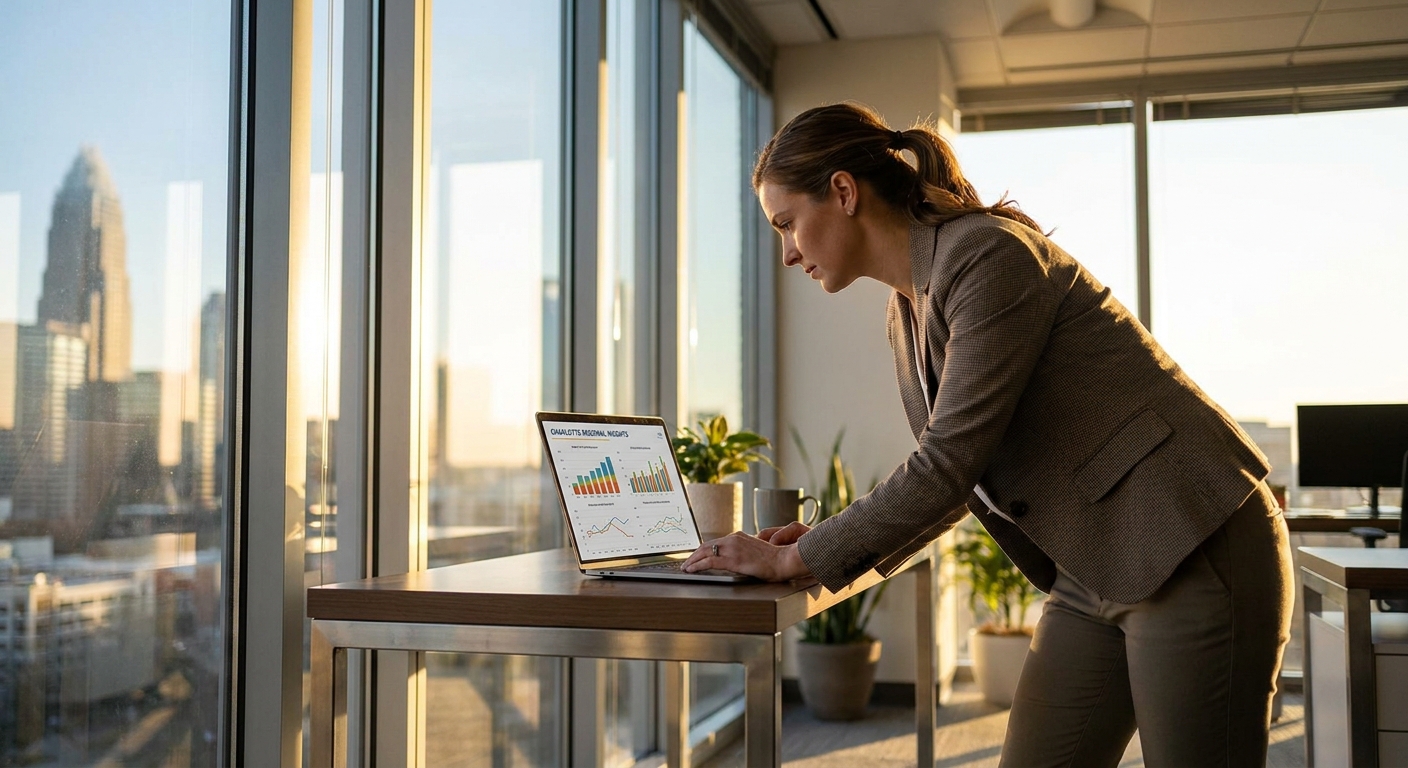 Charlotte business owner reviewing marketing analytics at office desk with city skyline visible through window
