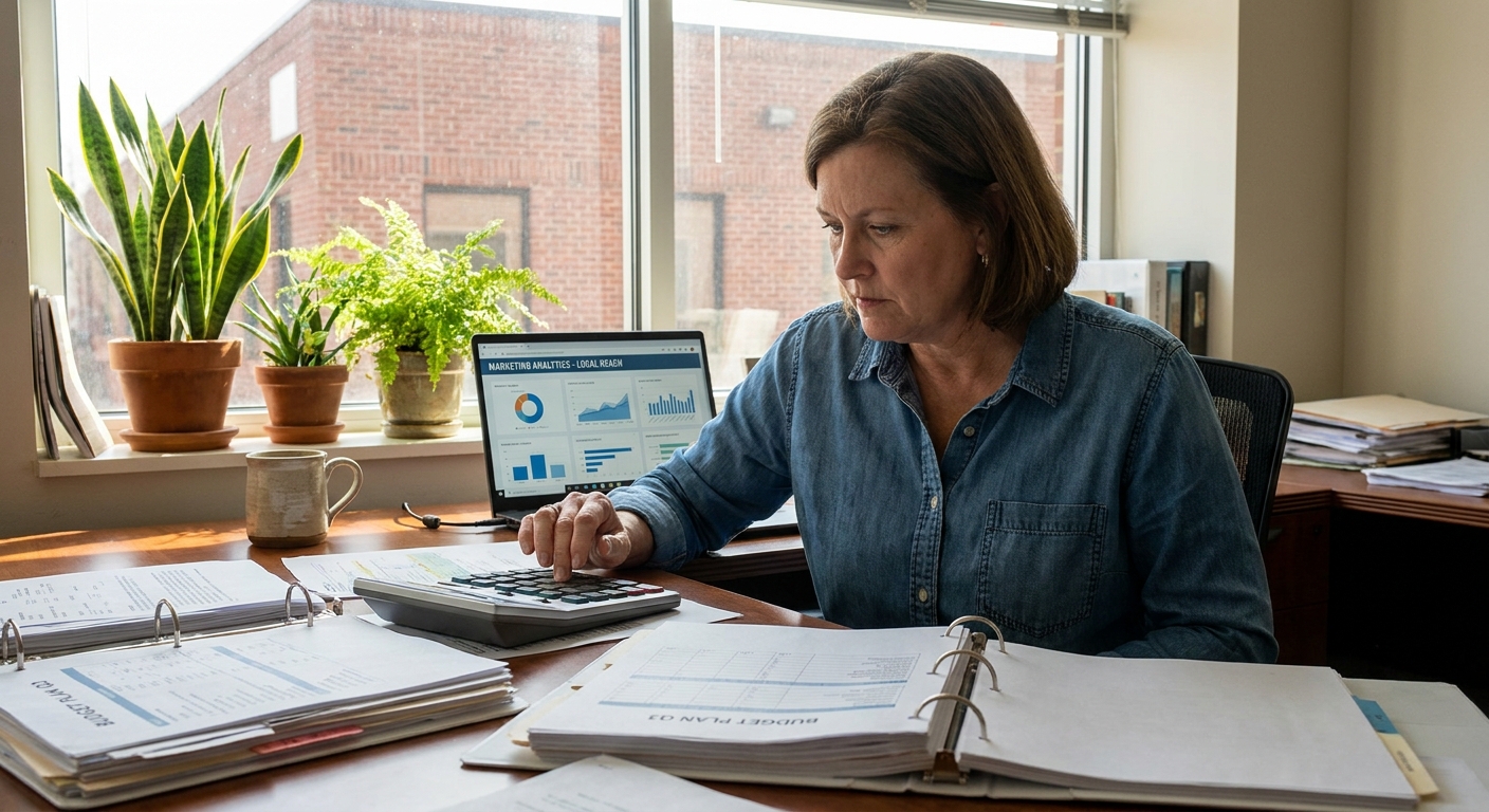 Small business owner in Charlotte reviewing digital marketing budget and analytics at their desk