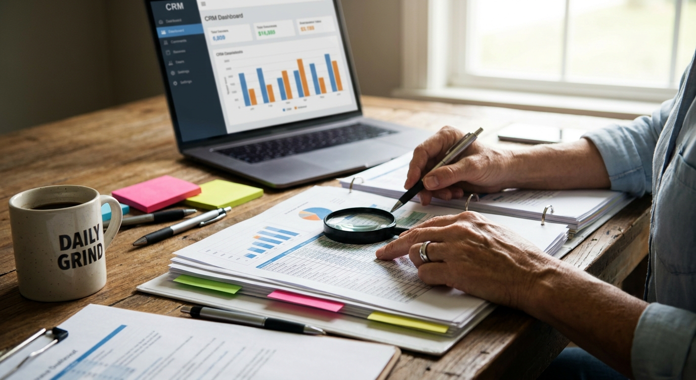 Business owner reviewing marketing analytics reports and CRM data on desk to track customer attribution