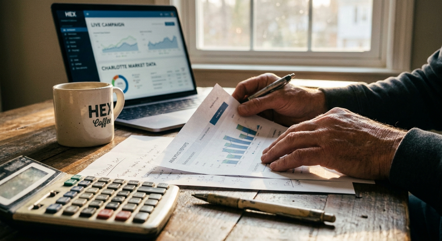 Business owner reviewing PPC campaign performance reports and analytics data on desk with laptop and coffee