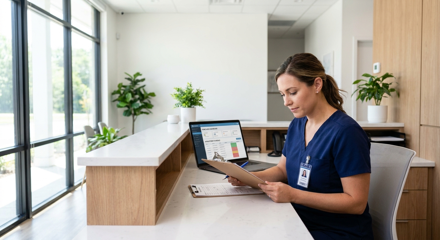 Healthcare professional reviewing patient intake documentation at clinic reception desk with laptop
