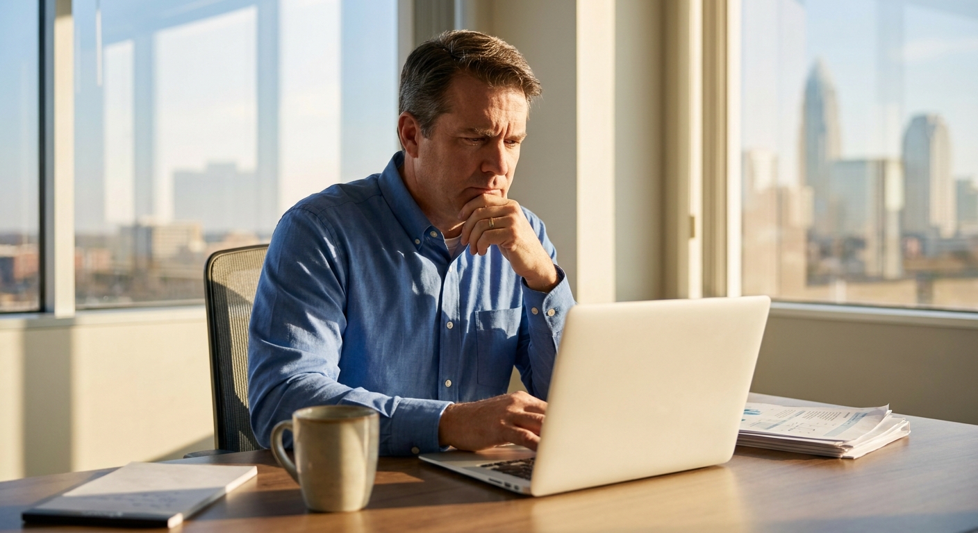 Business owner reviewing marketing agency reports with concerned expression at desk in Charlotte office
