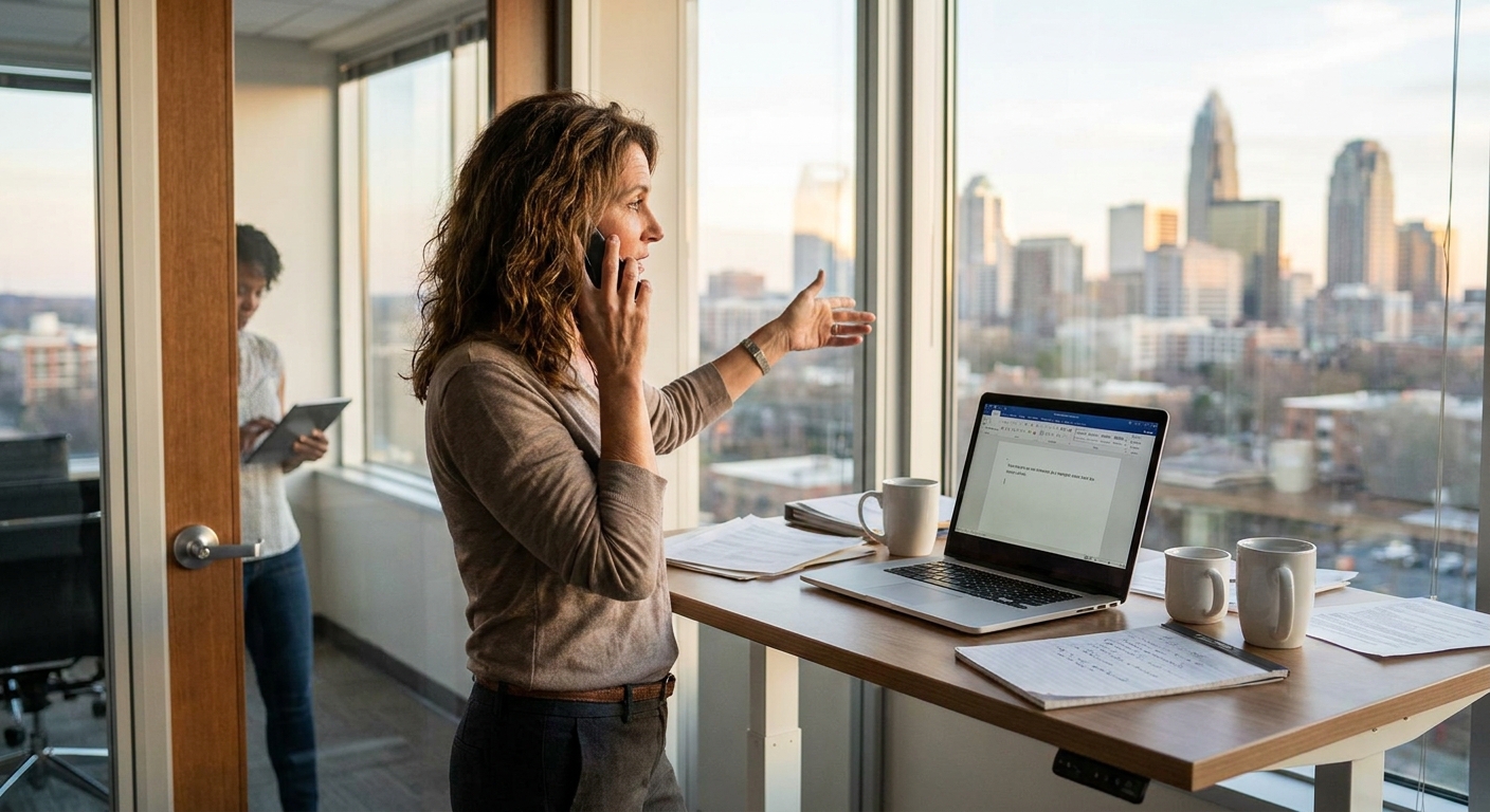 Charlotte small business owner being interrupted while trying to write content at their desk, illustrating the challenge of creating marketing materials while running daily operations