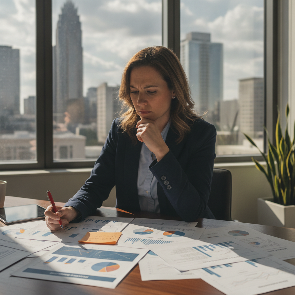Business owner carefully reviewing marketing reports and analytics at desk while making agency selection decisions