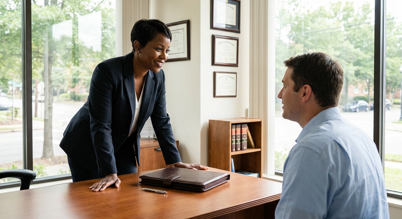 Attorney consulting with client in natural-lit Charlotte office, showing authentic professional relationship and trust-building conversation