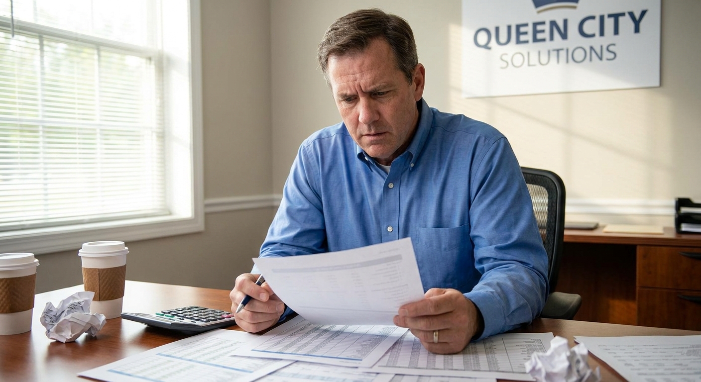 Small business owner reviewing marketing budget and financial reports at desk with concerned expression
