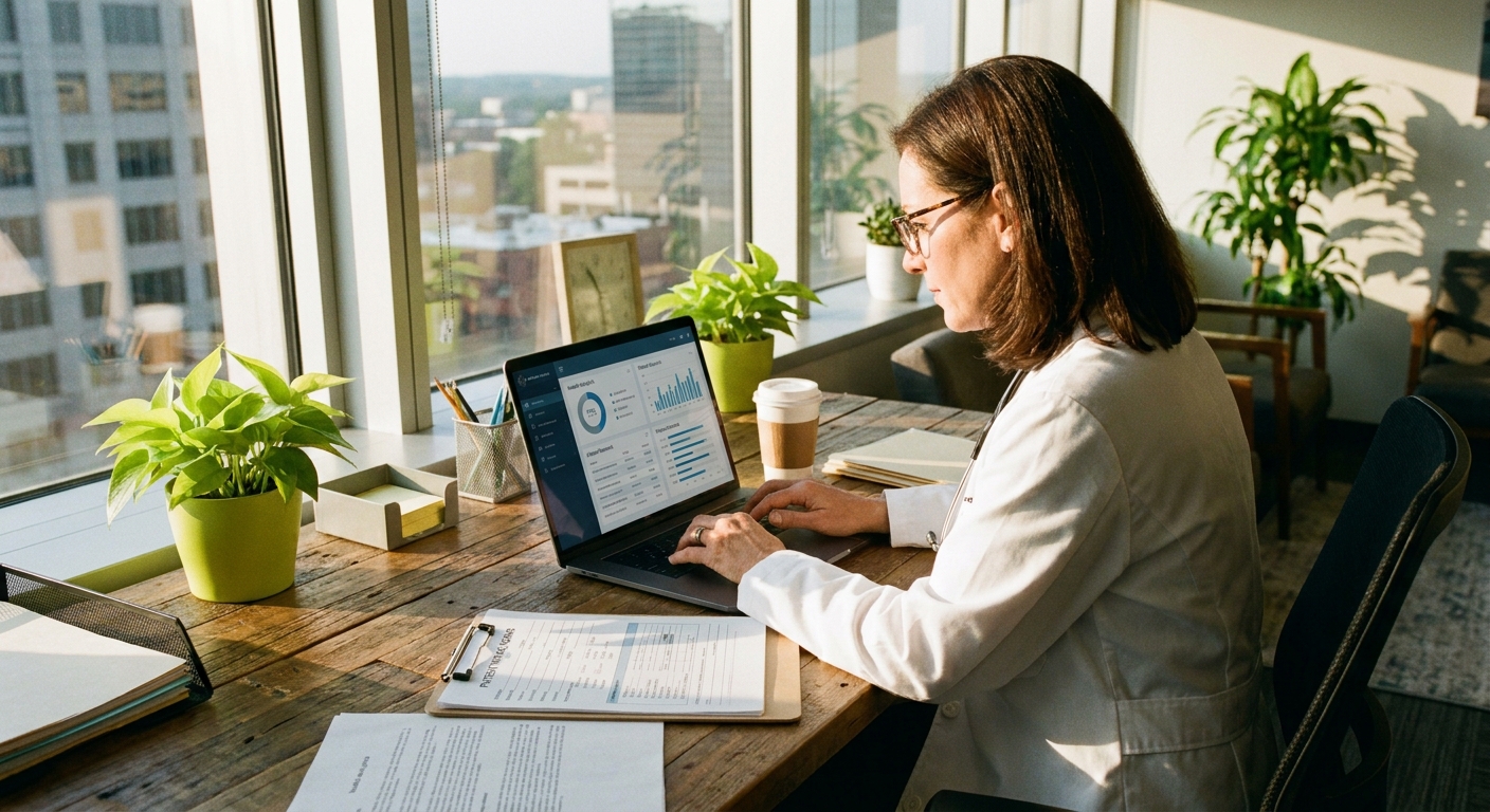 Healthcare provider reviewing compliance documentation and website analytics at desk in medical office