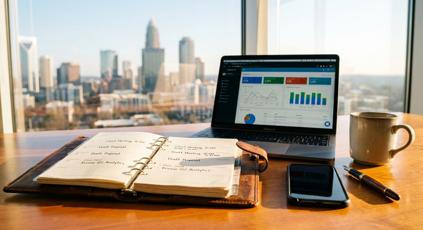 Professional's desk in Charlotte office showing weekly planner with appointments, laptop with analytics, and smartphone, representing organized client acquisition strategy