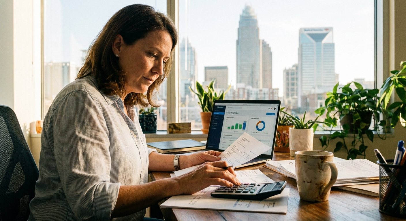 Small business owner reviewing monthly budget and analytics at desk in Charlotte office