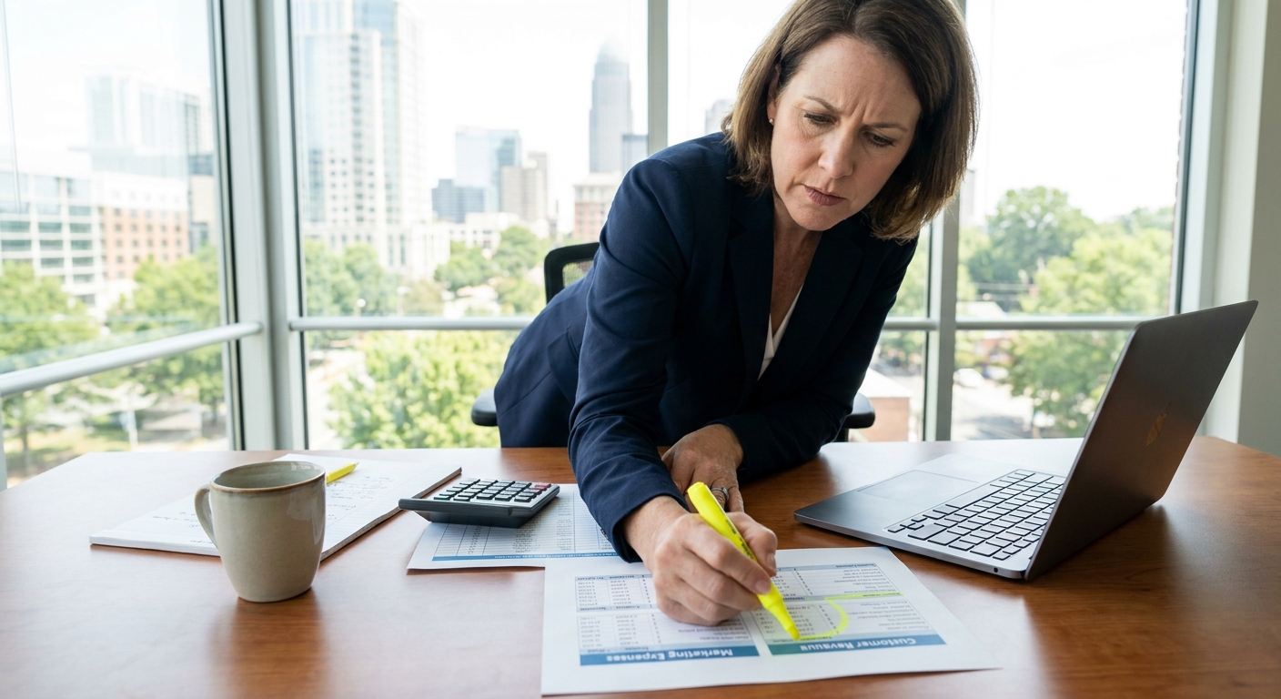 Business owner reviewing marketing financial reports and customer revenue data at desk in Charlotte office