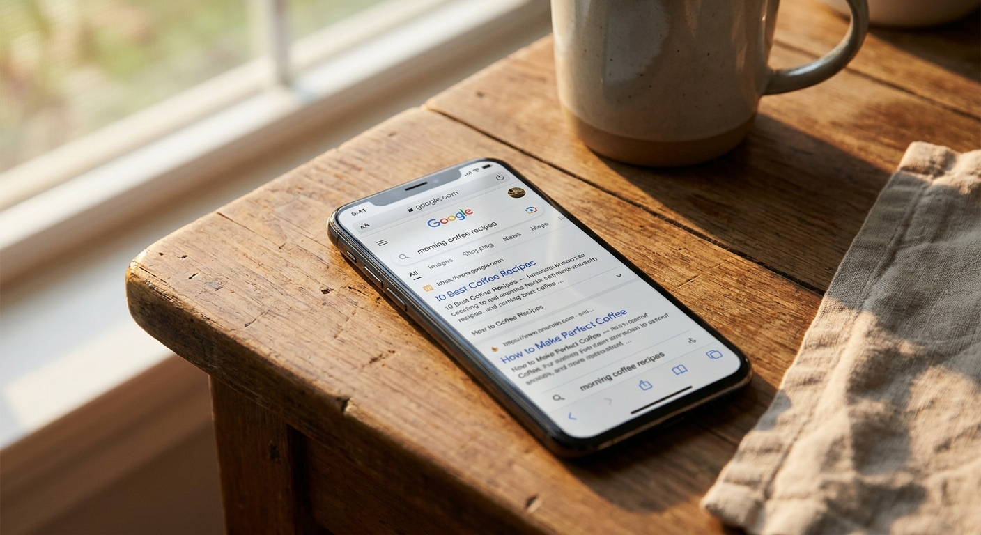 Smartphone showing Google search results on wooden desk with morning light, representing organic search for detox and treatment services