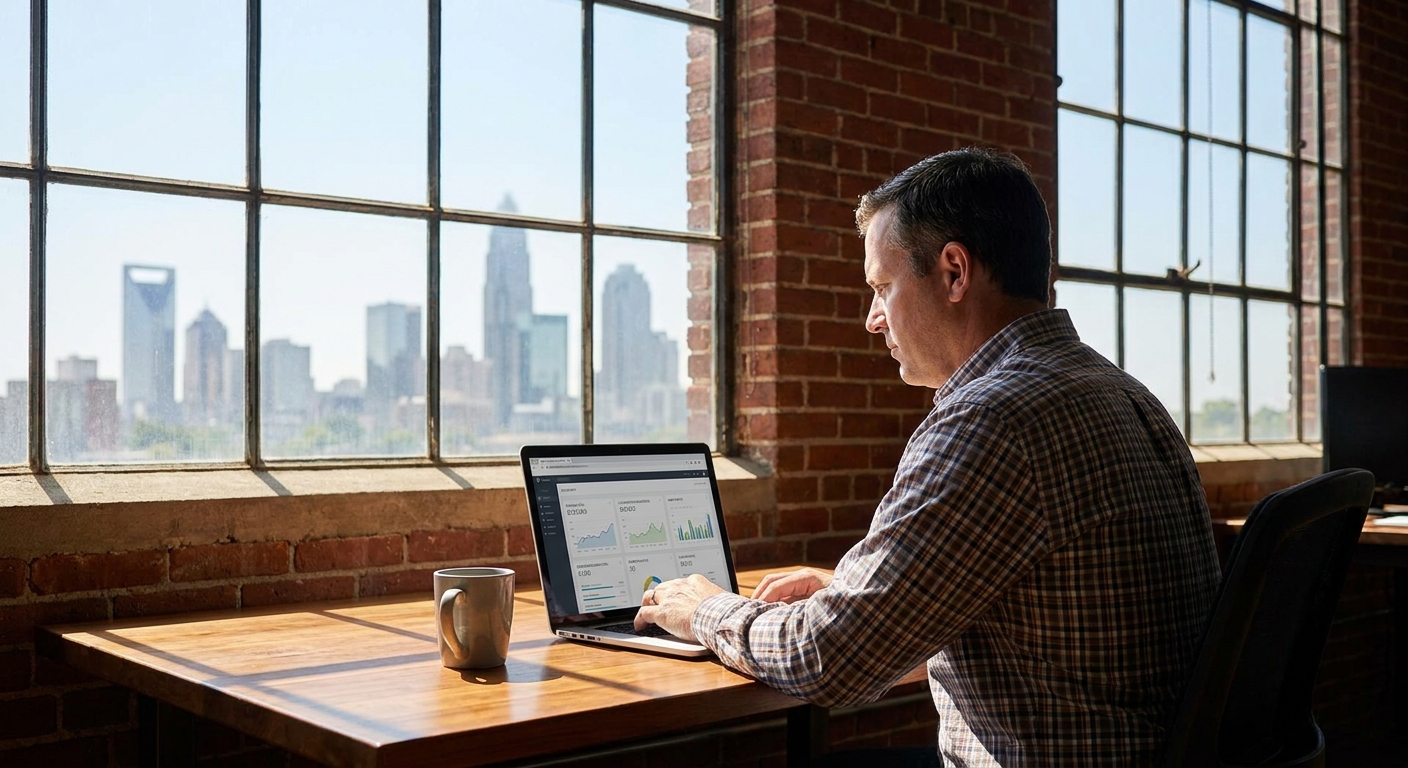Small business owner analyzing marketing analytics on laptop in Charlotte office with city skyline visible through windows