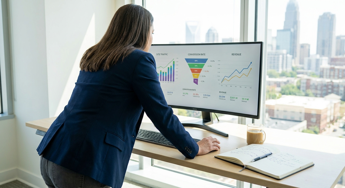 Business owner analyzing website conversion data and analytics on computer screen in Charlotte office