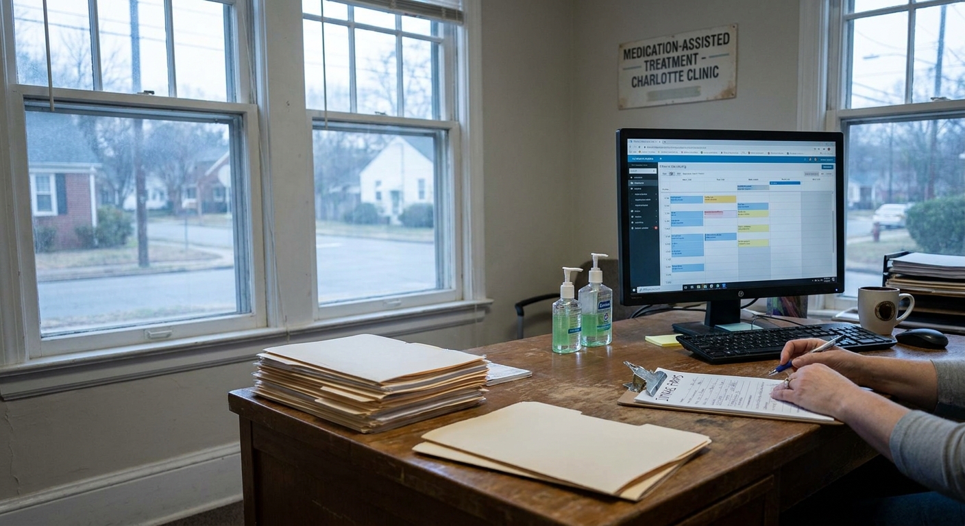 Real medication-assisted treatment clinic intake desk with scheduling software and patient forms in Charlotte, NC