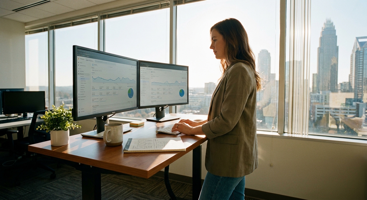 Web developer analyzing website performance metrics on computer monitors in Charlotte office with city skyline visible through windows