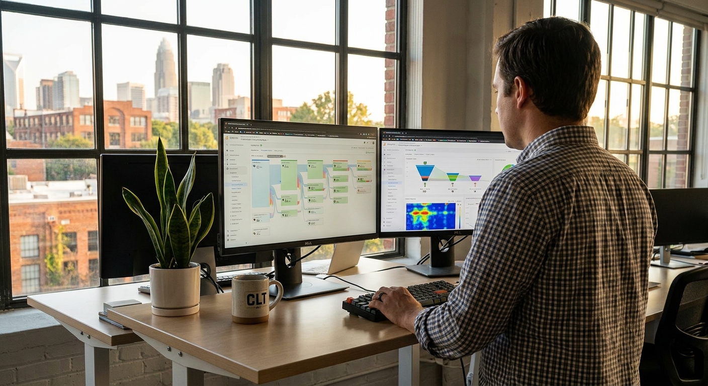 Web developer analyzing website conversion data and user analytics on computer monitors in Charlotte office